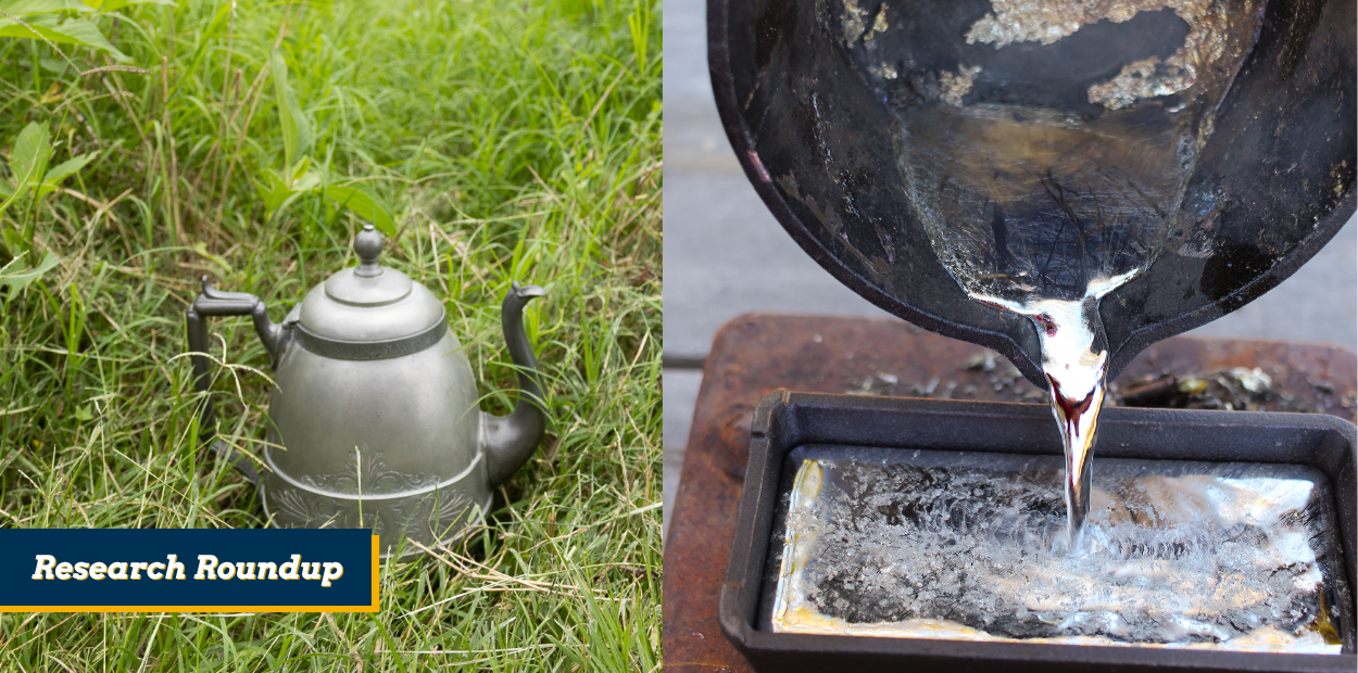 Two images side-by-side; a pewter pitcher and liquid pewter that has been melted down.