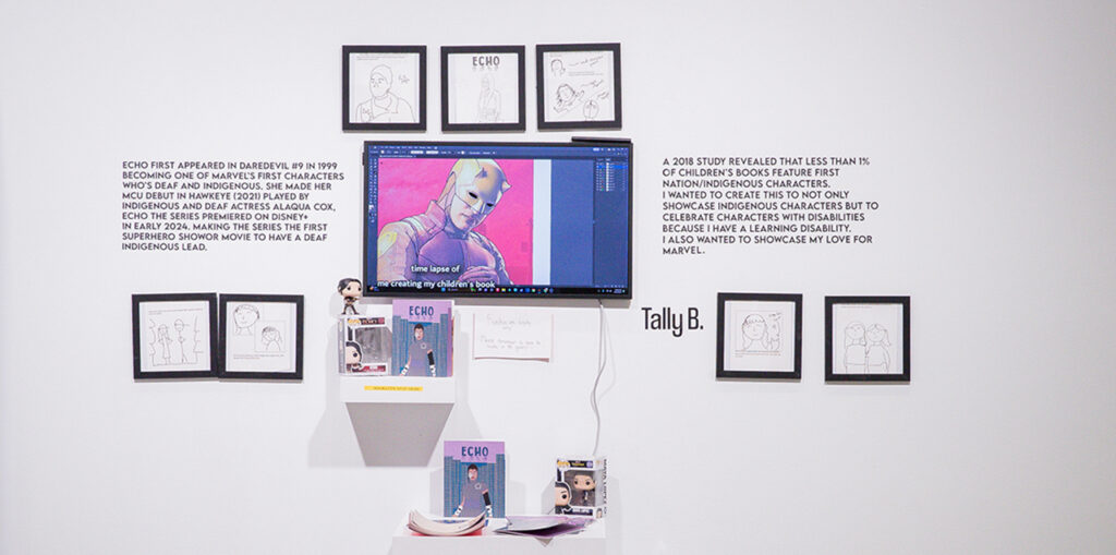 Collection of black and white graphic images surrounding a colorful image of a human form.