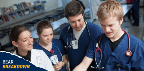 A group of medical students looking in the same direction with Bear Breakdown written in the corner
