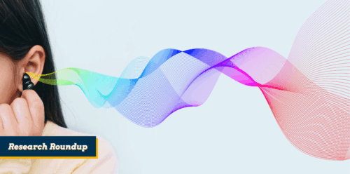 A graphic of rainbow sound waves coming out of an ear.
