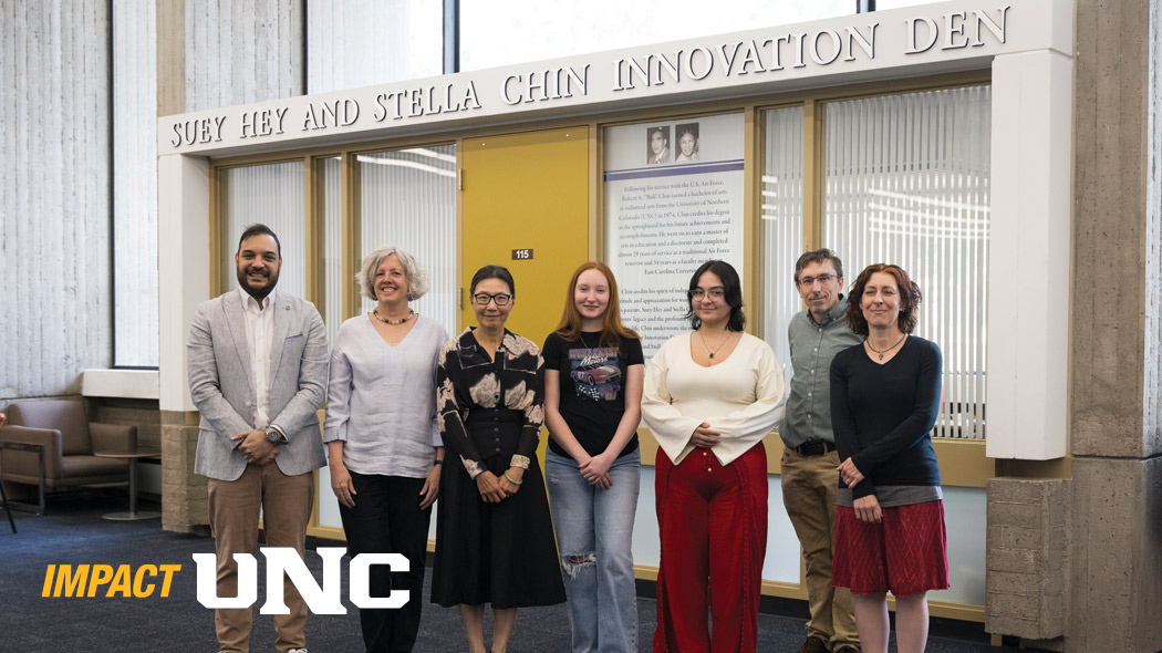 Pictured, from left, are Moe Manshad, Ph.D., inaugural faculty advisor to the Innovation Den; and University Libraries team members Jen Mayer, MLIS, Sheila Yeh, Ph.D., Lily and Maria, David White and Natasha Floersch, celebrating the opening of the new space in Michener Library.