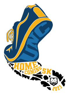 Homecoming 5K Logo which is a blue and gold running shoe with the letters UNC engraved in the sole and Homecoming 5K in the ground