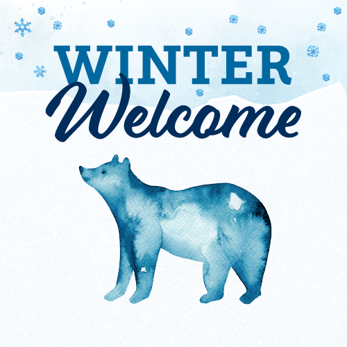 Graphic with Winter Welcome written in blue with a watercolor bear underneath it.