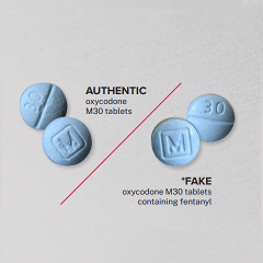 Photo of blue pills on the left with engraved markings from an authentic producer of pills. A red line. Then pills with almost the exact same engravings but are counterfeit. Source:  DEA (https://www.dea.gov/onepill)
