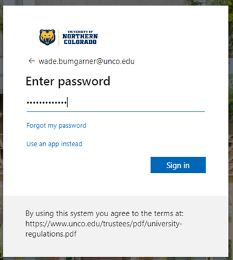 Entra password entry screen for @bears.unco.edu or @unco.edu passwords