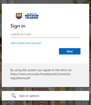 Entra authentication screen for @bears.unco.edu or @unco.edu accounts