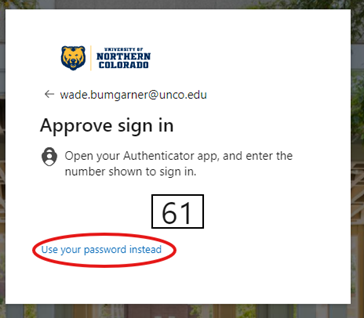 Passwordless authentication screen showing two digit code and Use your password instead link