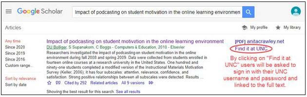 Screen shot of Google Scholar showing "Find it at UNC" link