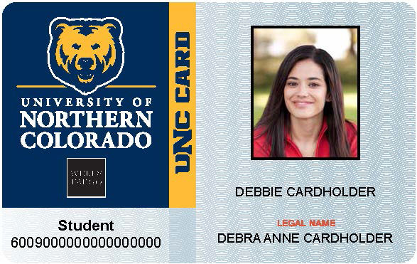 A bear ID with a fake student's photo and name.