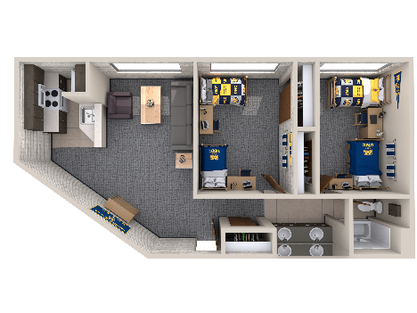 3D diagram of Lawrenson Hall Double Double Room with Furniture