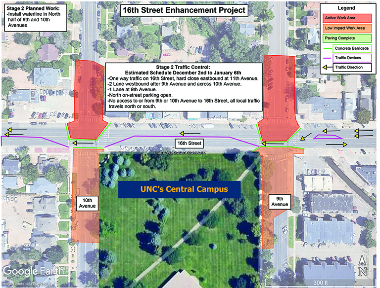 Map showing westbound traffic directions along 16th St.