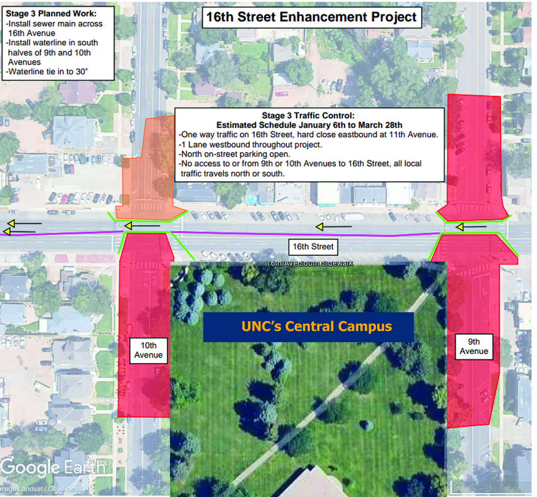 Map of construction area showing blocked off parking on 9th and 10th Avenues.