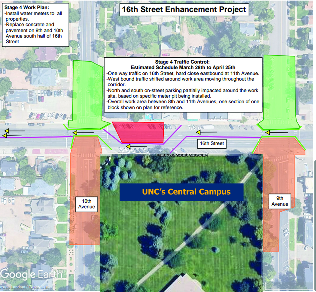 Map of construction area showing westbound traffic flow on 16th St.