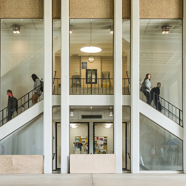 An outside picture of a building with stairs inside