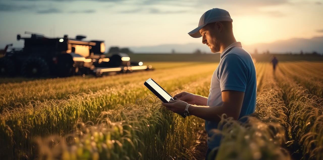 man standing in wheat field using technology to monitor climate changes