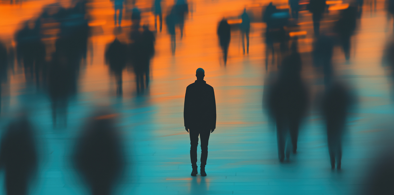 Silhouette of an individual on a colorful background surrounded by silhouettes out of focus in the background.