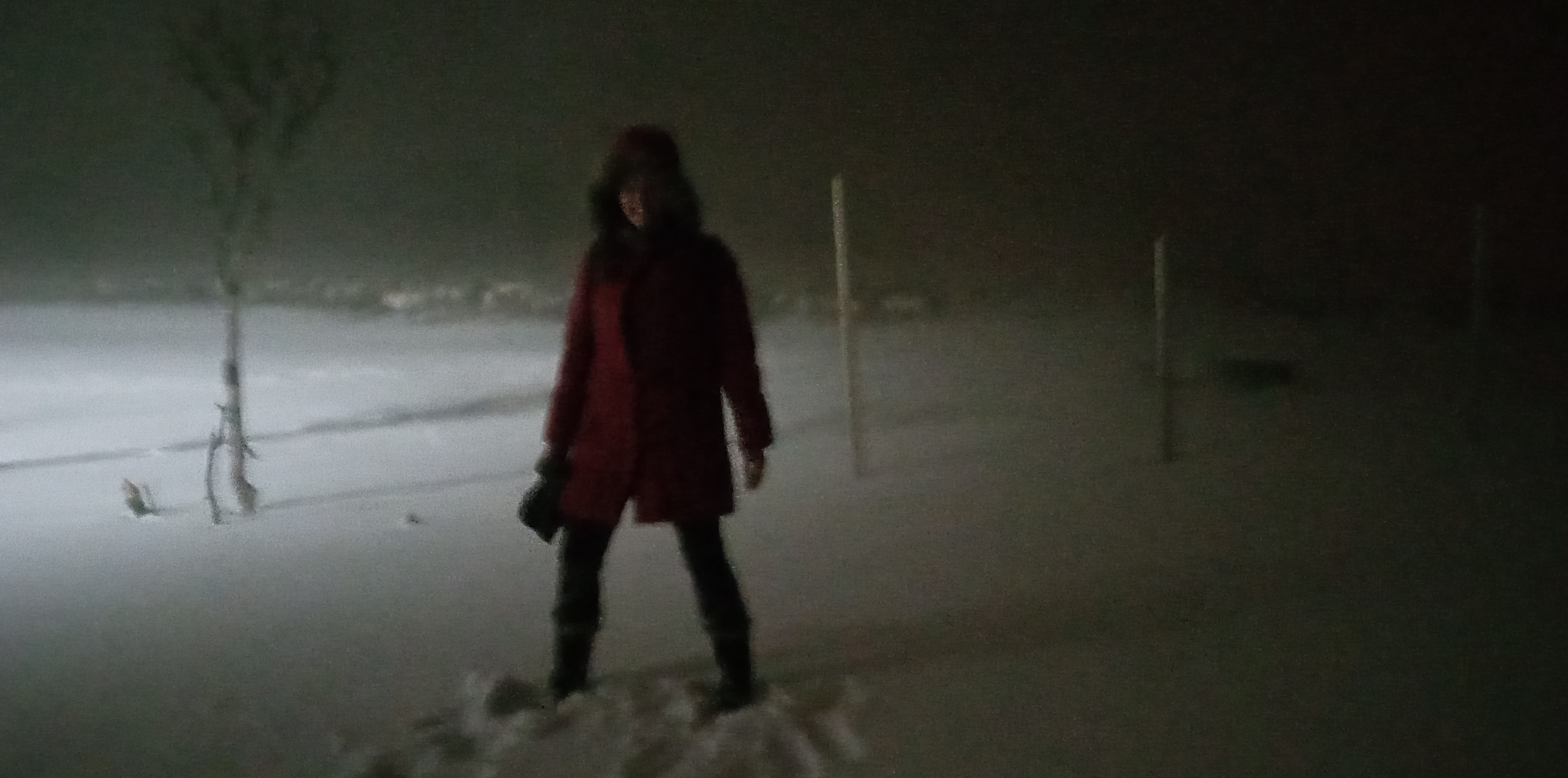 Karen Barton standing in blowing snow in a heavy red coat