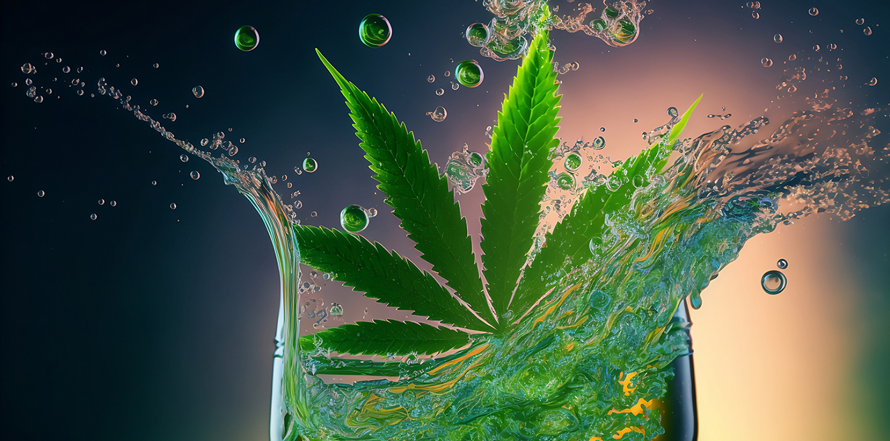graphic representation of a marijuana leaf splashing into a drinking glass containing liquid.