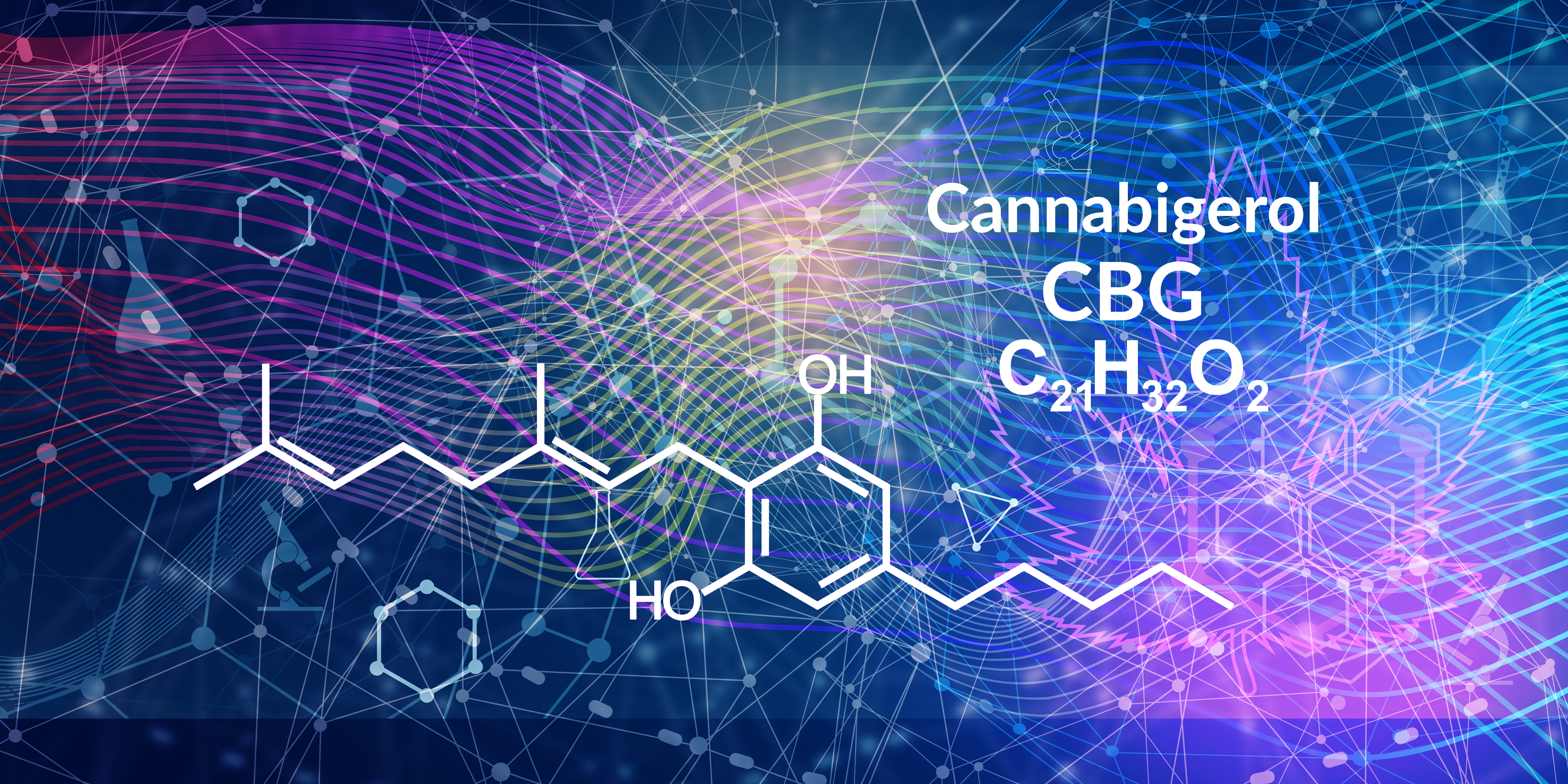 Cannabigerol or CBG molecular structural chemical formula against colorful science backdrop.