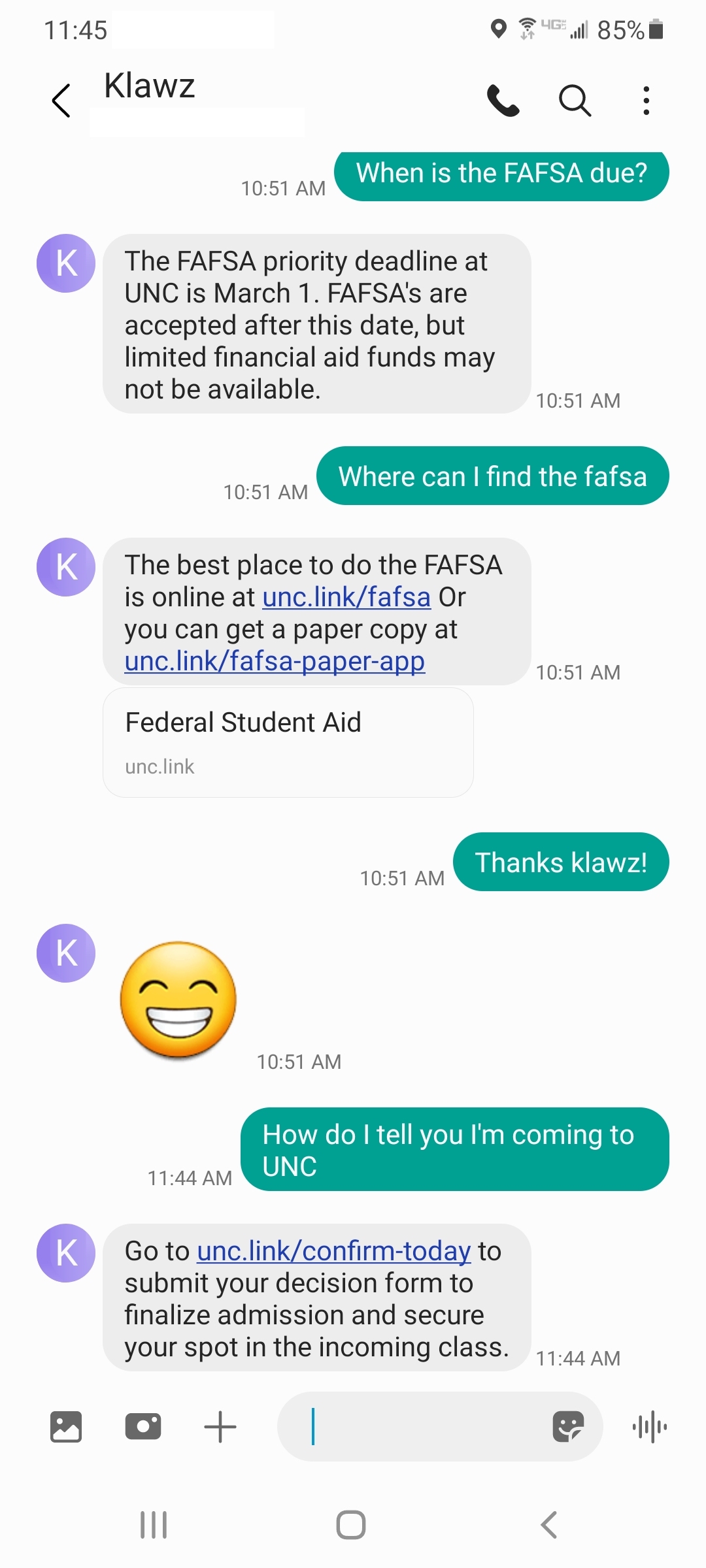 An example of the Klawz Chatbot in action, answering questions about the FAFSA