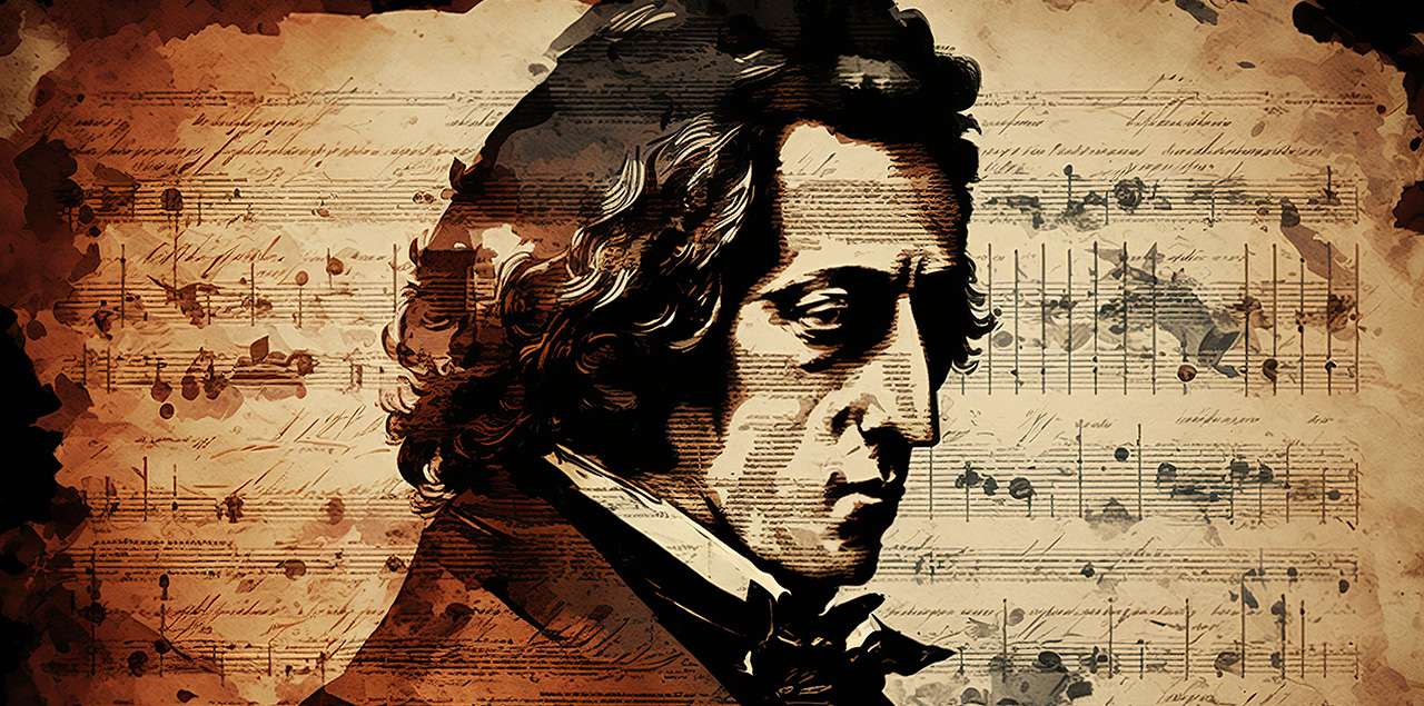 illustration of chopin overlaid on top of sheet music