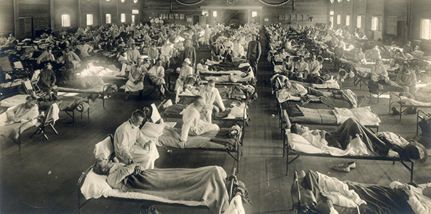 Soldiers from Fort Riley, Kansas, ill with Spanish flu at a hospital ward at Camp Funston