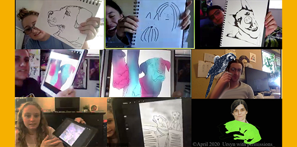 Students showing up some sketches on a Zoom meeting
