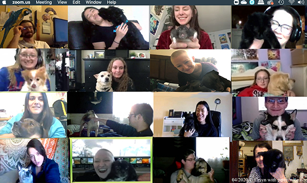 students showing off their pets on a Zoom meeting
