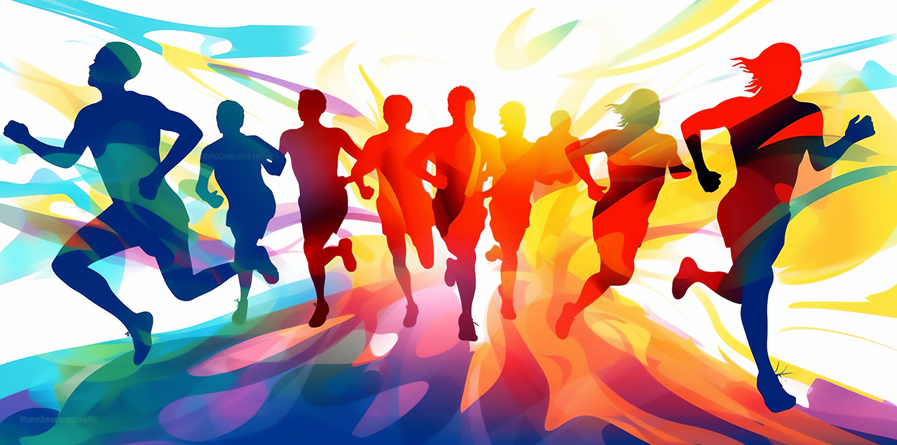 Graphic illustration of the silhouette of various athletes running and jogging on a colorful background