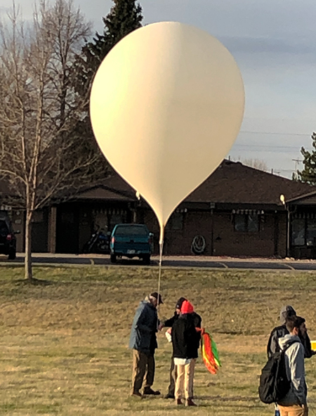 The balloon being prepared to launch five different payloads at Eaton Middle School on the morning of April 6, 2019.