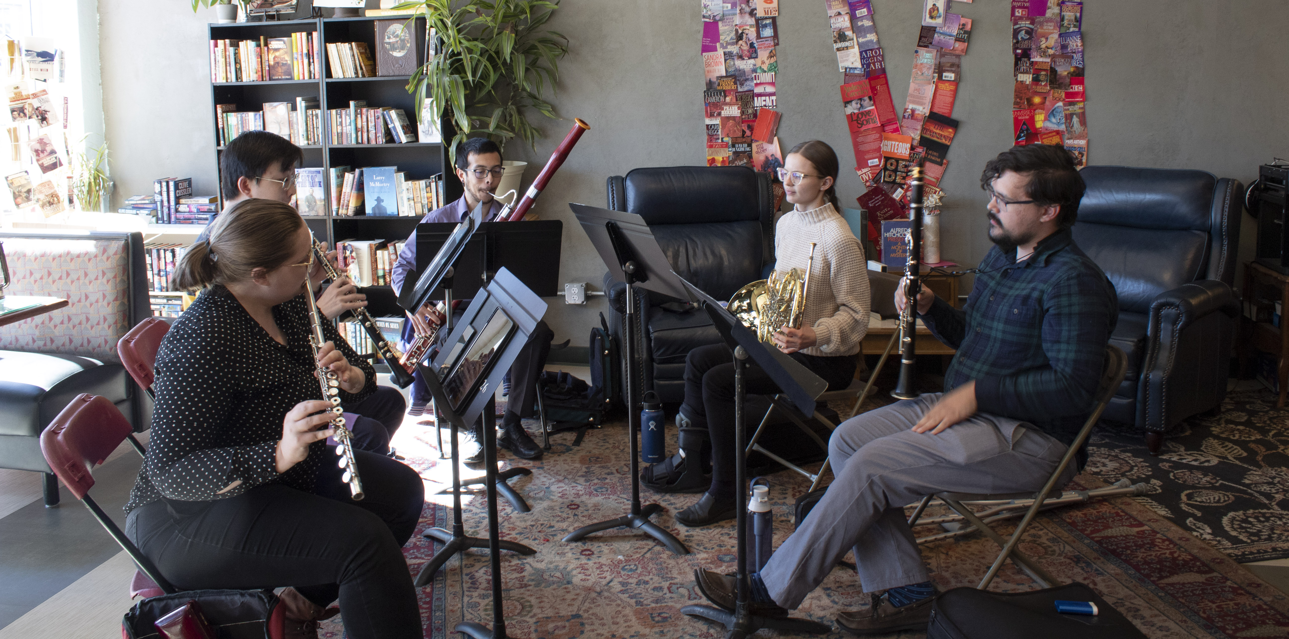The Bear Lake Woodwind Ensemble performing at the Midnight Oil Bookstore in Downtown Greeley.