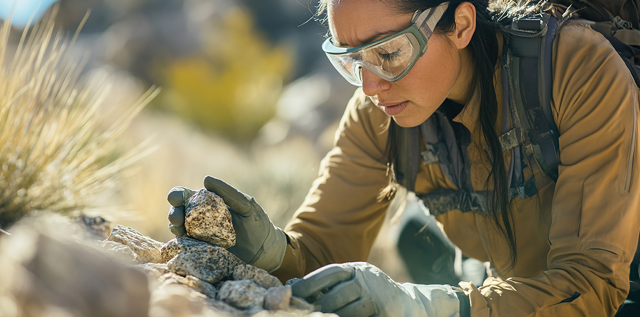 Focused geologist examining rock specimens outdoors.