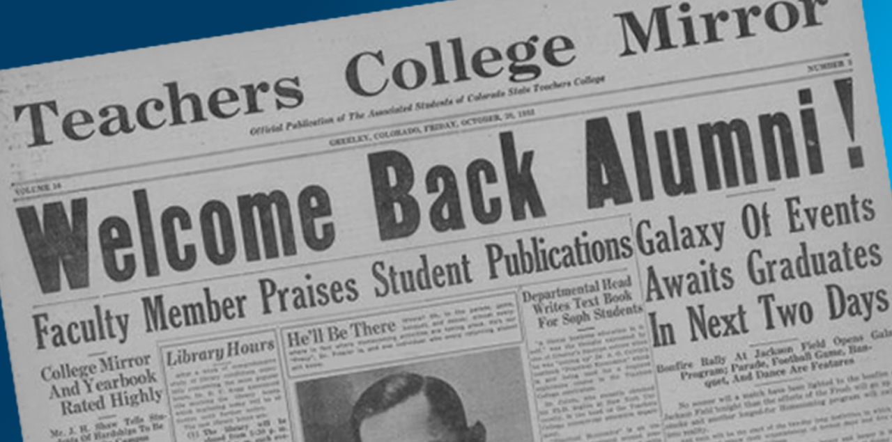 Clipping of old newspaper on a blue background with the words Welcome Back Alumni.