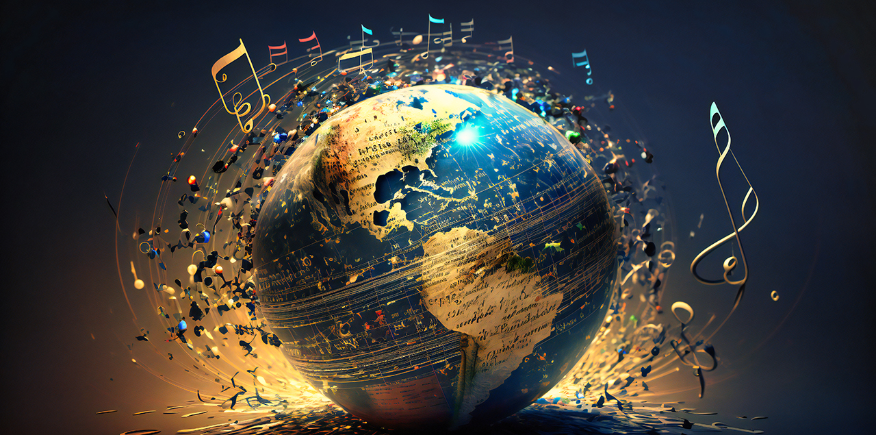 Musical globe background with music notes representing diverse sounds around the world.