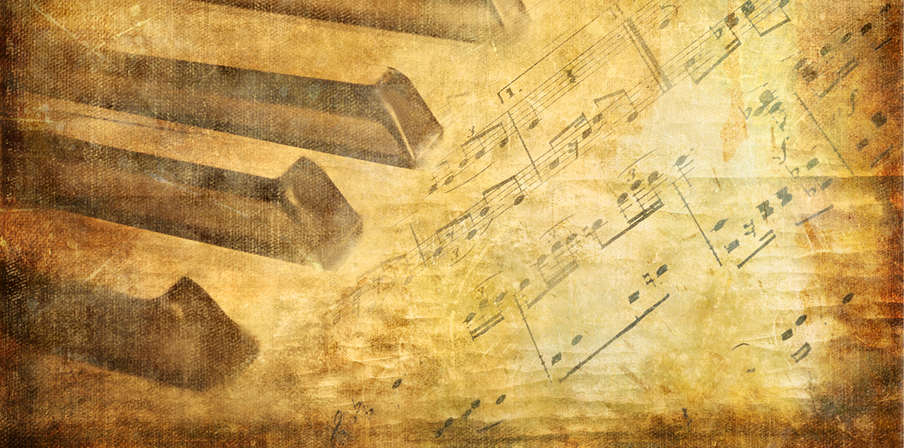 A yellowed, old weathered background depicting piano keys superimposed over a musical composition.