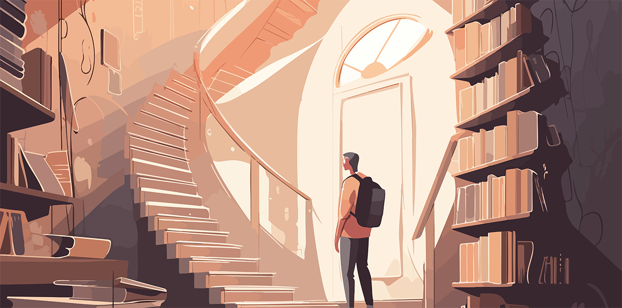 Illustration of student standing near a staircase made of books, contemplating education and deep in thought