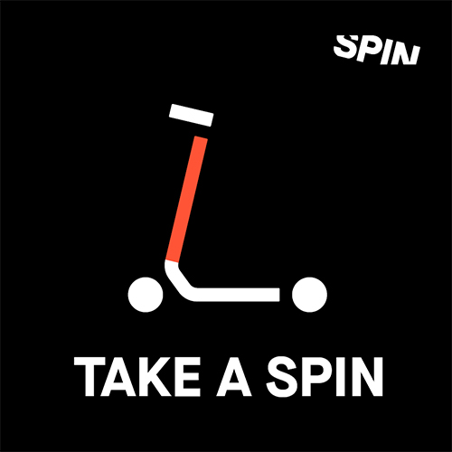 e-scooter graphic on black background with text that says take a spin