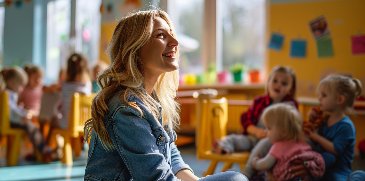 Young teacher sitting on the floor in a kindergarten classroom and smiling.