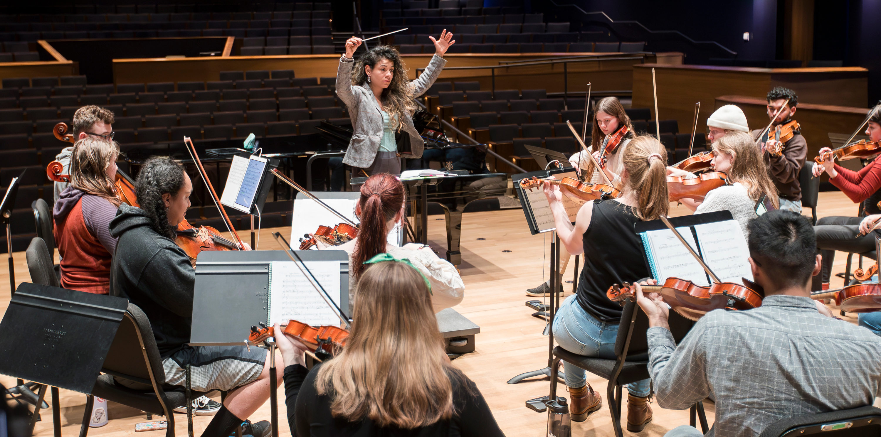 An orchestra practicing together