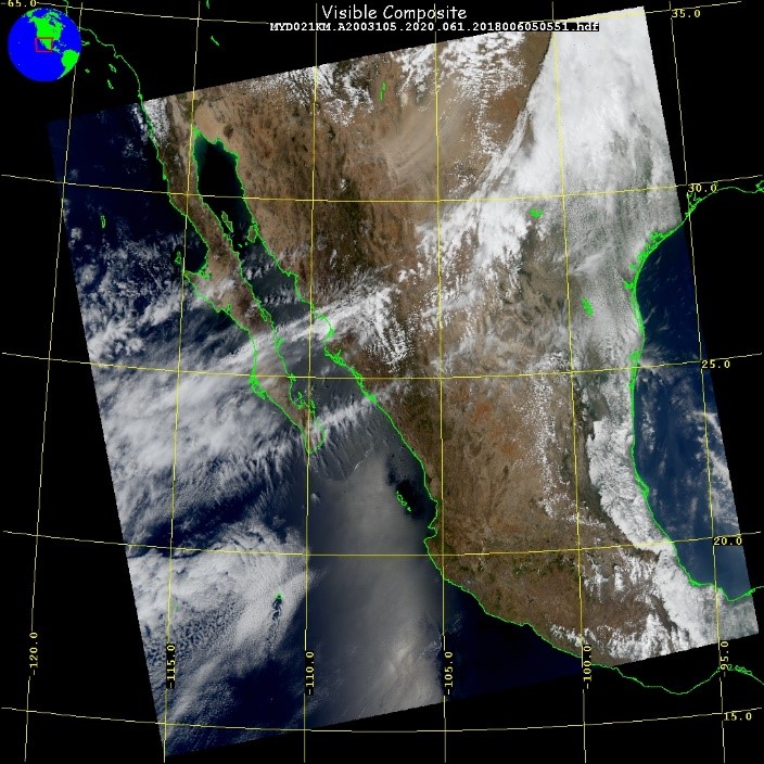 True color, satellite image of a dust plume forming over western Texas in 2003.