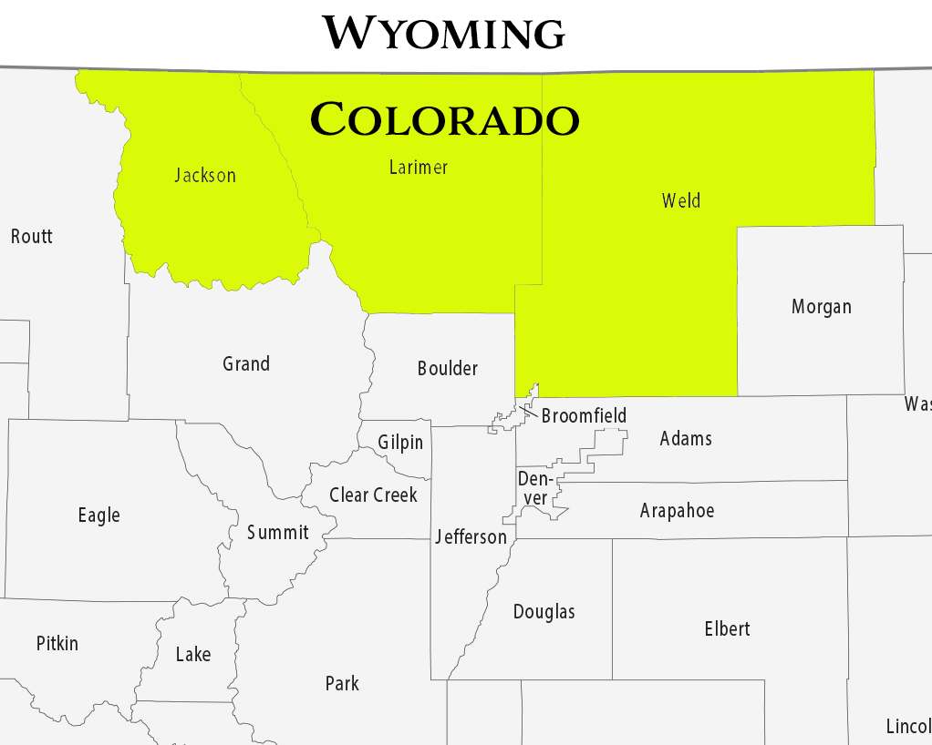 Weld, Larimer, and Jackson counties highlighted on a zoomed-in map of Colorado counties. 