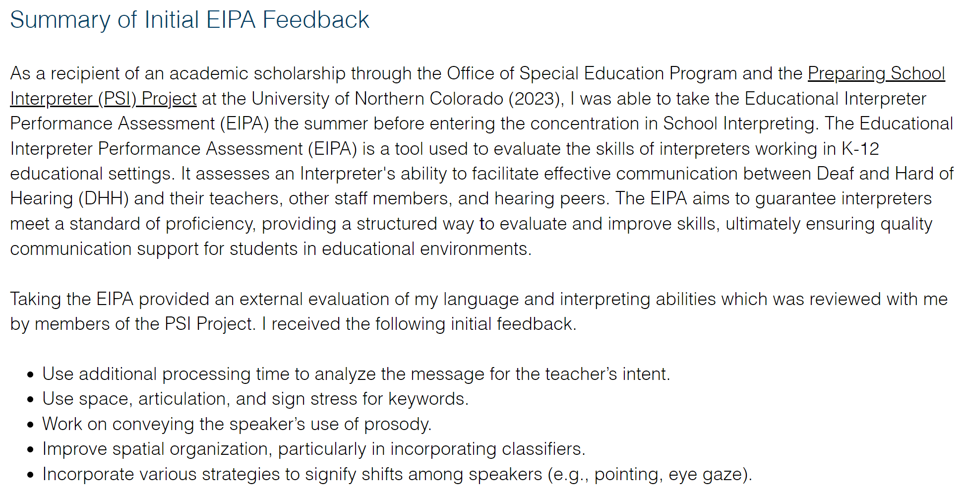 Screenshot of Scholar Si Website for the Summary of Initial EIPA Feedback section