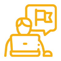 Gold icon of a person at a computer with an alert thought bubble over head