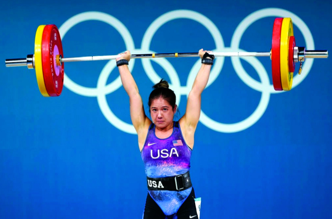 Jordan Delacruz lifts weights at the 2024 Paris Olympics.