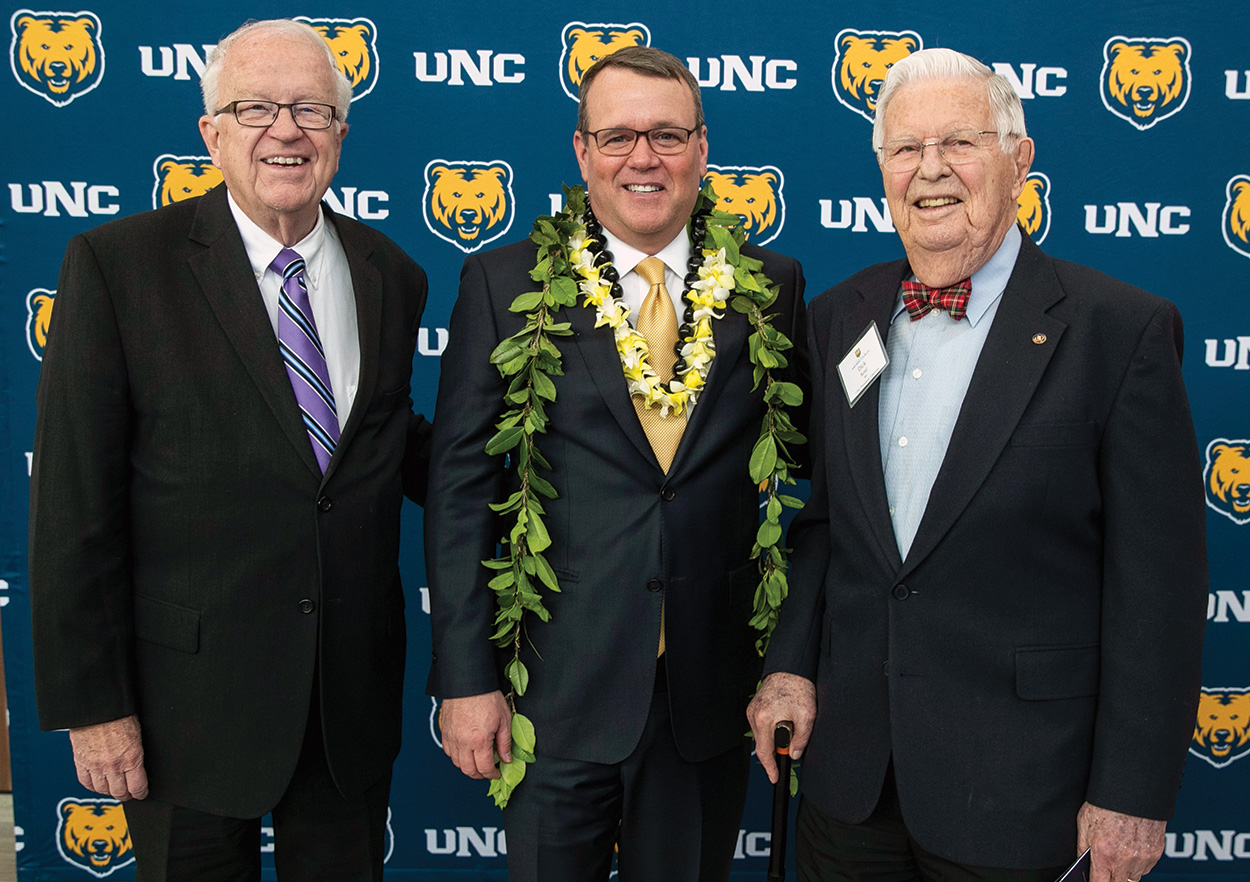Richard Bond, Andy Feinstein and Robert Dickeson at Feinstein's investiture as the university’s 13th president in 2018.