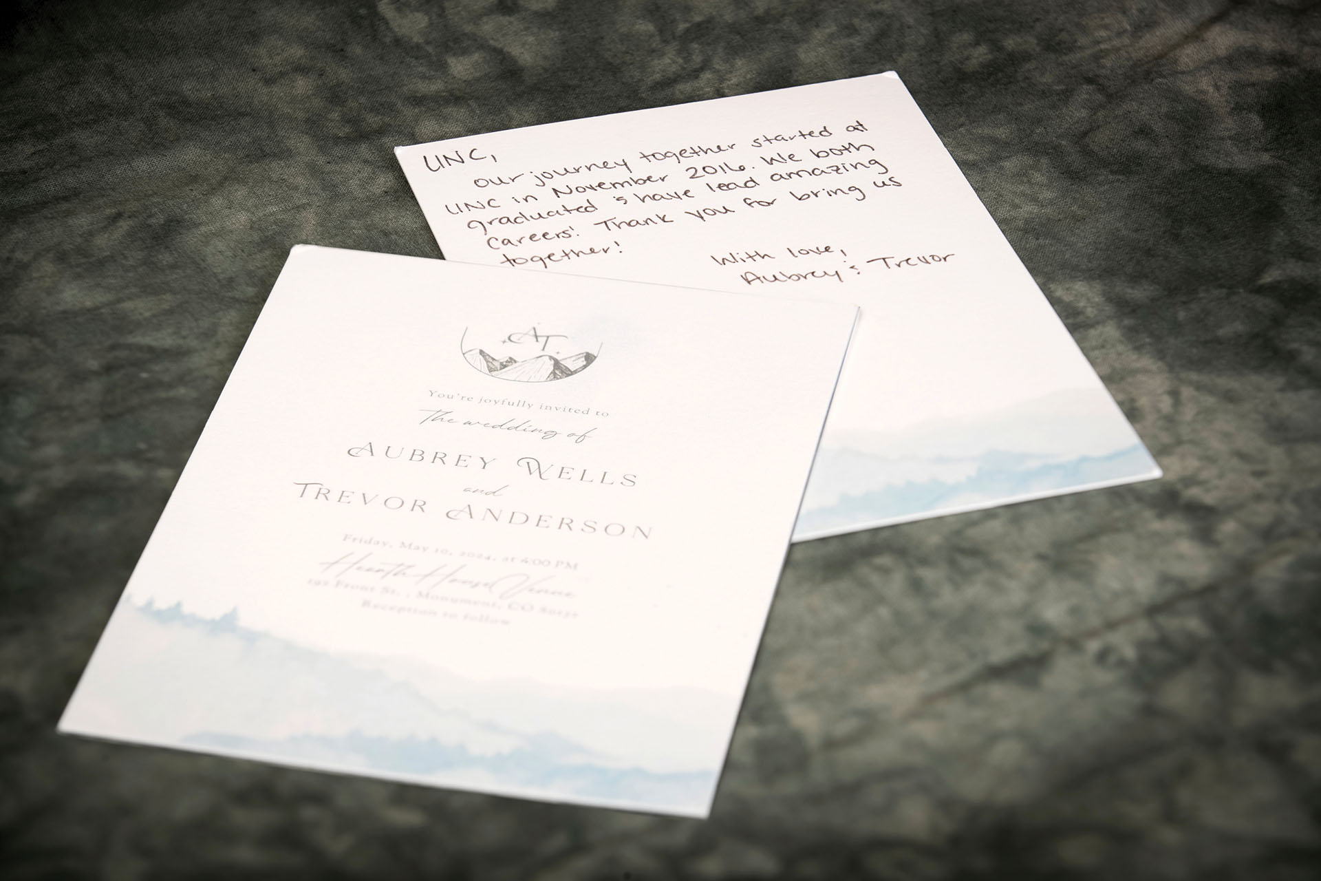 Wedding invitation and letter from Aubrey Wells and Trevor Anderson.